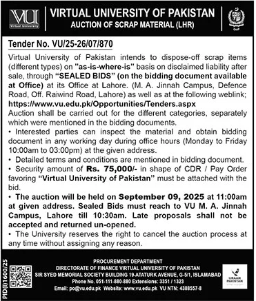 Virtual University of Pakistan Islamabad Tender Notice